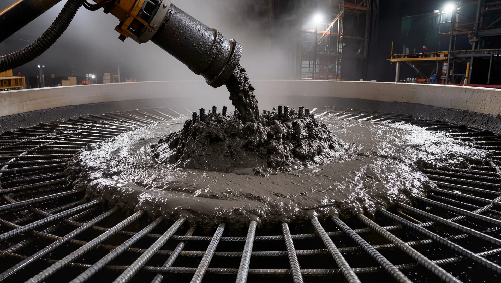 Concrete pour over circular rebar cage on active construction site